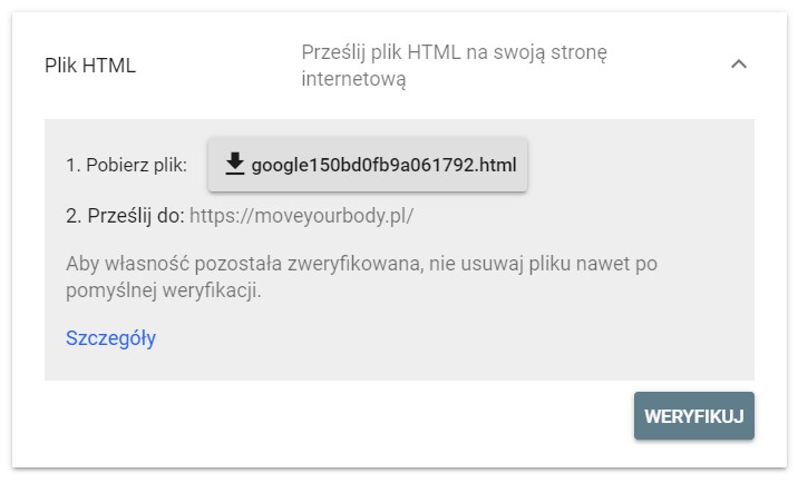 weryfikacja GSC przez plik HTML