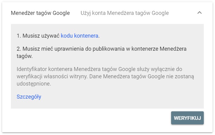 Weryfikacja GSC przez manager tagow