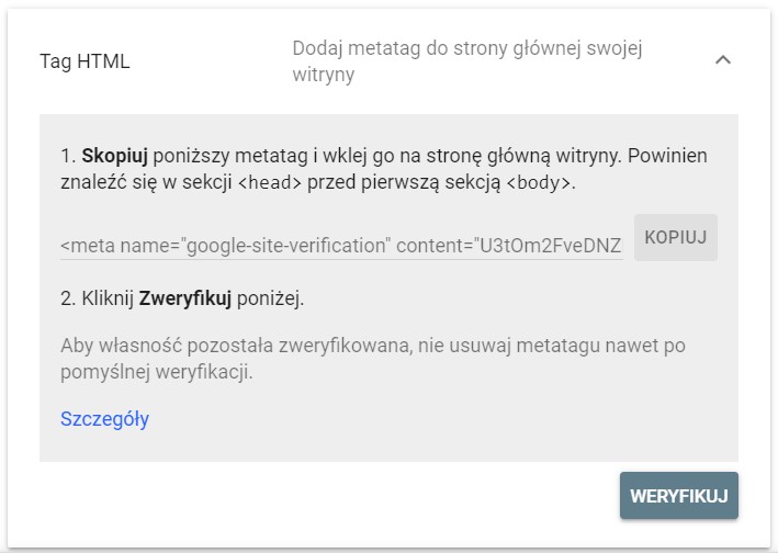 weryfikacja GSC przez tag THML