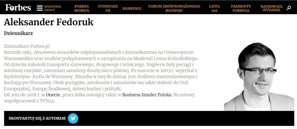 przykład strony autora w Forbes